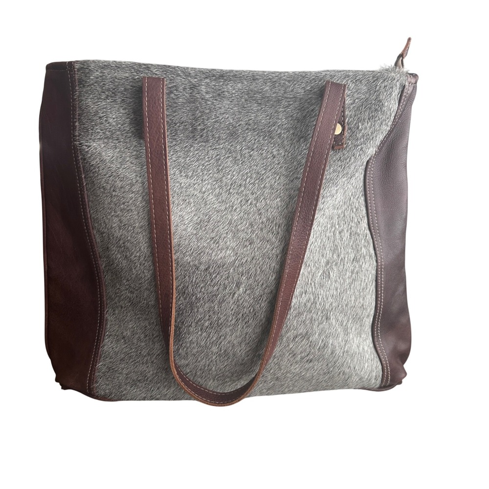 Myra Bag Brown Leather Gray Calf Hair on Hide Tote Shoulder Bag Western Boho